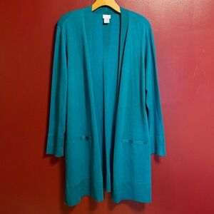 Chicos Teal Long Open Front Cardigan Sweater Size XL Jewel Tone Duster